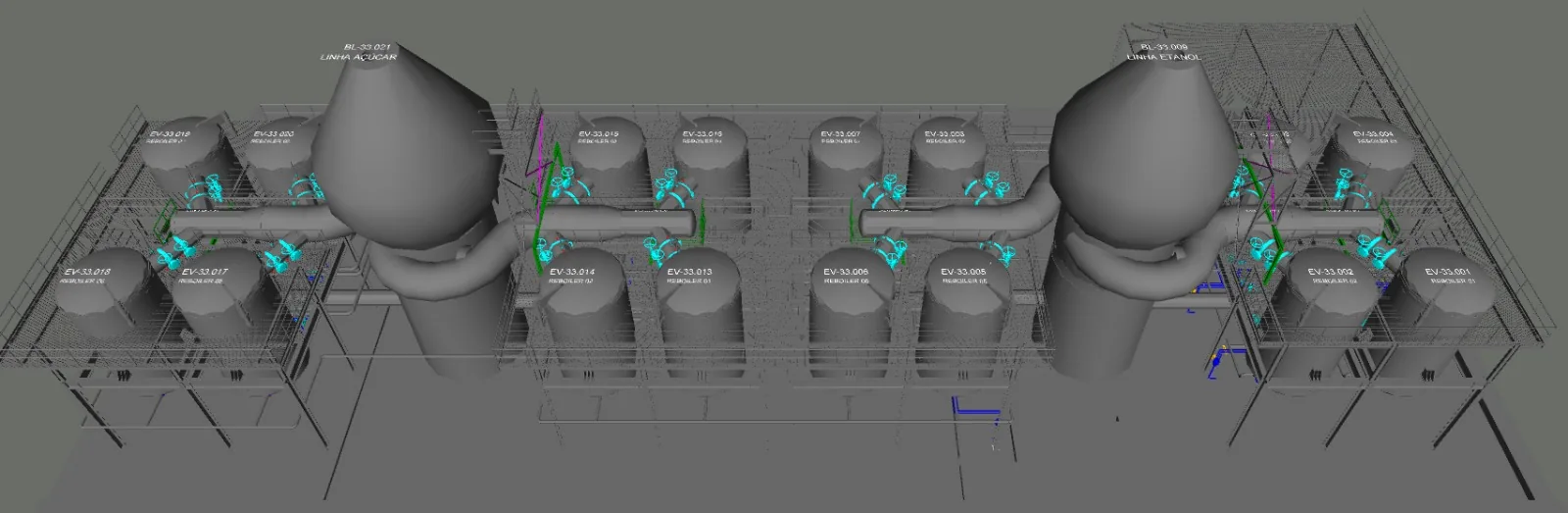 Modelo 3D das linhas de açúcar e etanol, evaporadores EV-33
